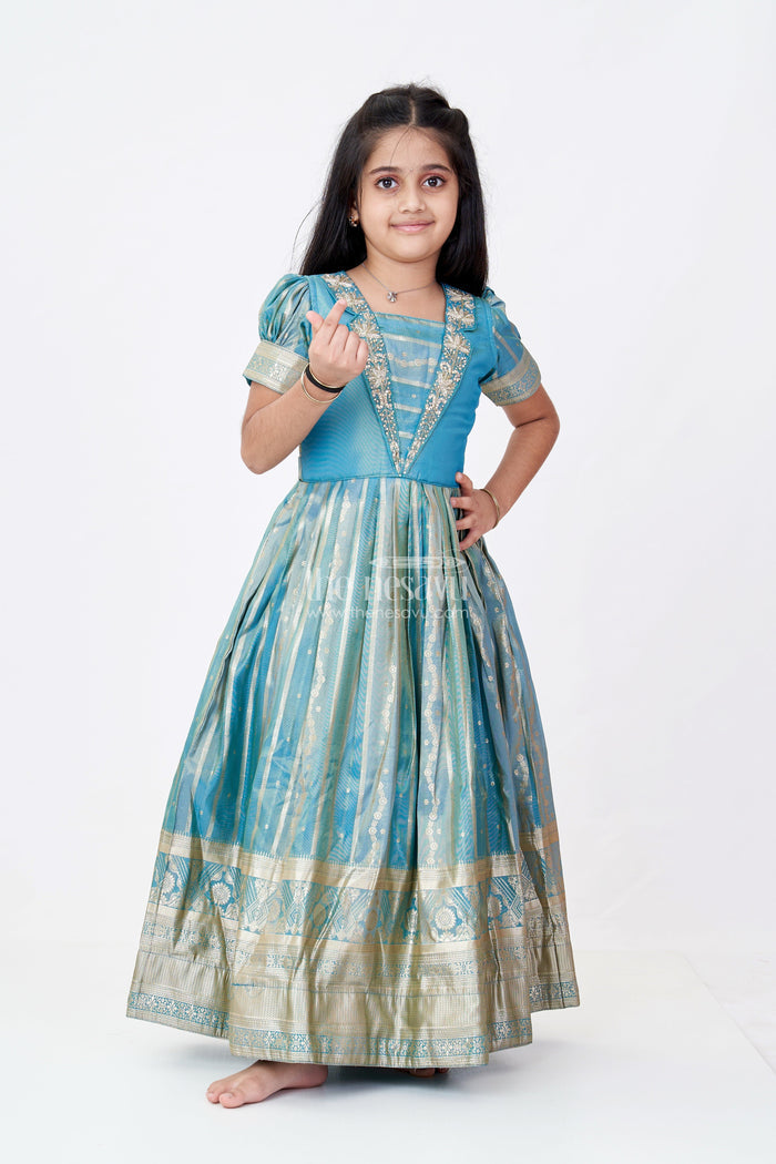 The Nesavu Girls Silk Gown Girls Lavender Anarkali Gown in Banarasi Kora Tissue Silk with Gold Zari Border and Puff Sleeves Nesavu 18 (2Y) / Green GA305A-18 Nesavu Girls Lavender Anarkali Gown Banarasi Kora Silk Golden Zari Puff Sleeves