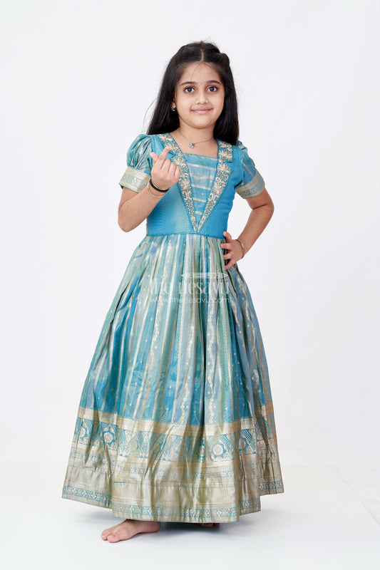 The Nesavu Girls Silk Gown Girls Lavender Anarkali Gown in Banarasi Kora Tissue Silk with Gold Zari Border and Puff Sleeves Nesavu 18 (2Y) / Green GA305A-18 Nesavu Girls Lavender Anarkali Gown Banarasi Kora Silk Golden Zari Puff Sleeves