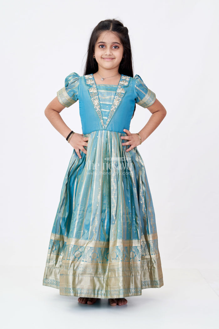 The Nesavu Girls Silk Gown Girls Lavender Anarkali Gown in Banarasi Kora Tissue Silk with Gold Zari Border and Puff Sleeves Nesavu Nesavu Girls Lavender Anarkali Gown Banarasi Kora Silk Golden Zari Puff Sleeves