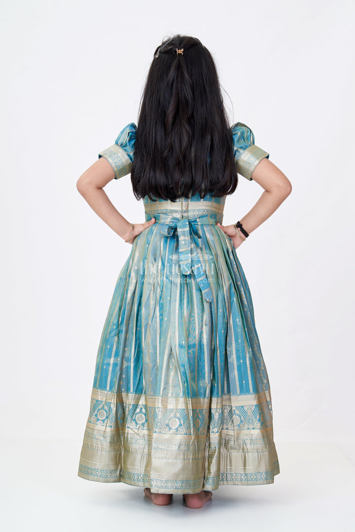 The Nesavu Girls Silk Gown Girls Lavender Anarkali Gown in Banarasi Kora Tissue Silk with Gold Zari Border and Puff Sleeves Nesavu Nesavu Girls Lavender Anarkali Gown Banarasi Kora Silk Golden Zari Puff Sleeves