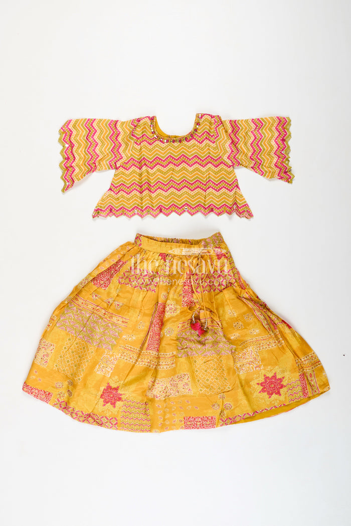 The Nesavu Girls Lehenga Choli Girls Lehenga Choli for Cultural Events Silk Party Set Nesavu Nesavu Yellow Girls Lehenga Set Digital Print Zigzag Blouse Cultural Celebrations