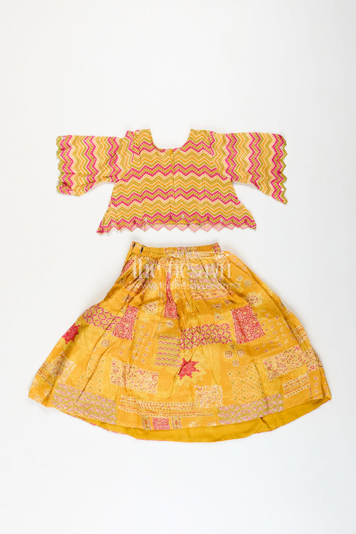 The Nesavu Girls Lehenga Choli Girls Lehenga Choli for Cultural Events Silk Party Set Nesavu Nesavu Yellow Girls Lehenga Set Digital Print Zigzag Blouse Cultural Celebrations