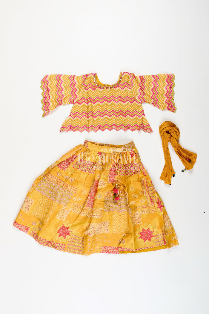 The Nesavu Girls Lehenga Choli Girls Lehenga Choli for Cultural Events Silk Party Set Nesavu Nesavu Yellow Girls Lehenga Set Digital Print Zigzag Blouse Cultural Celebrations