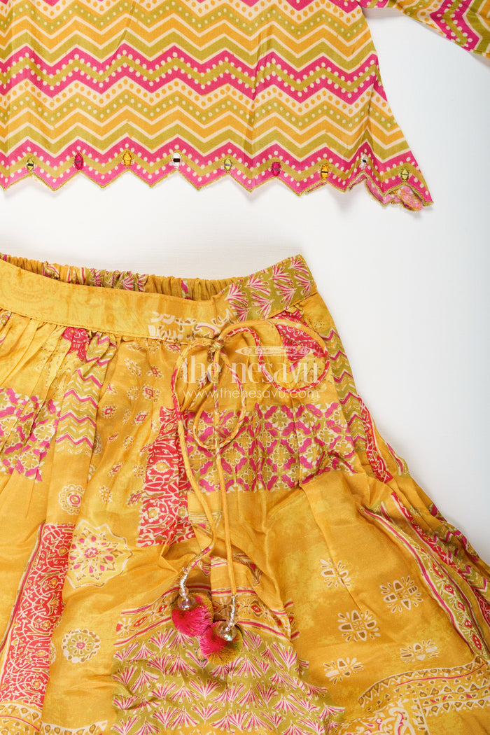 The Nesavu Girls Lehenga Choli Girls Lehenga Choli for Cultural Events Silk Party Set Nesavu Nesavu Yellow Girls Lehenga Set Digital Print Zigzag Blouse Cultural Celebrations