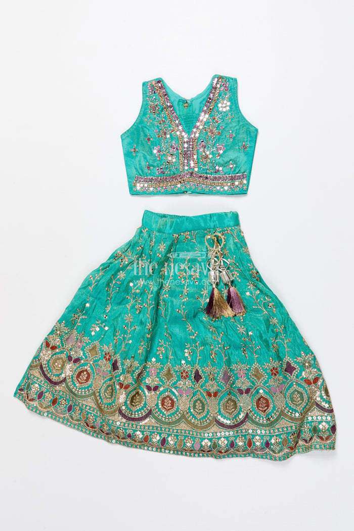 The Nesavu Girls Lehenga Choli Girls Lehenga Choli for Weddings and Traditional Celebrations Nesavu 18 (2Y) / Green GL687A-18 Nesavu lehenga choli set girls mirror embroidery weddings festive functions