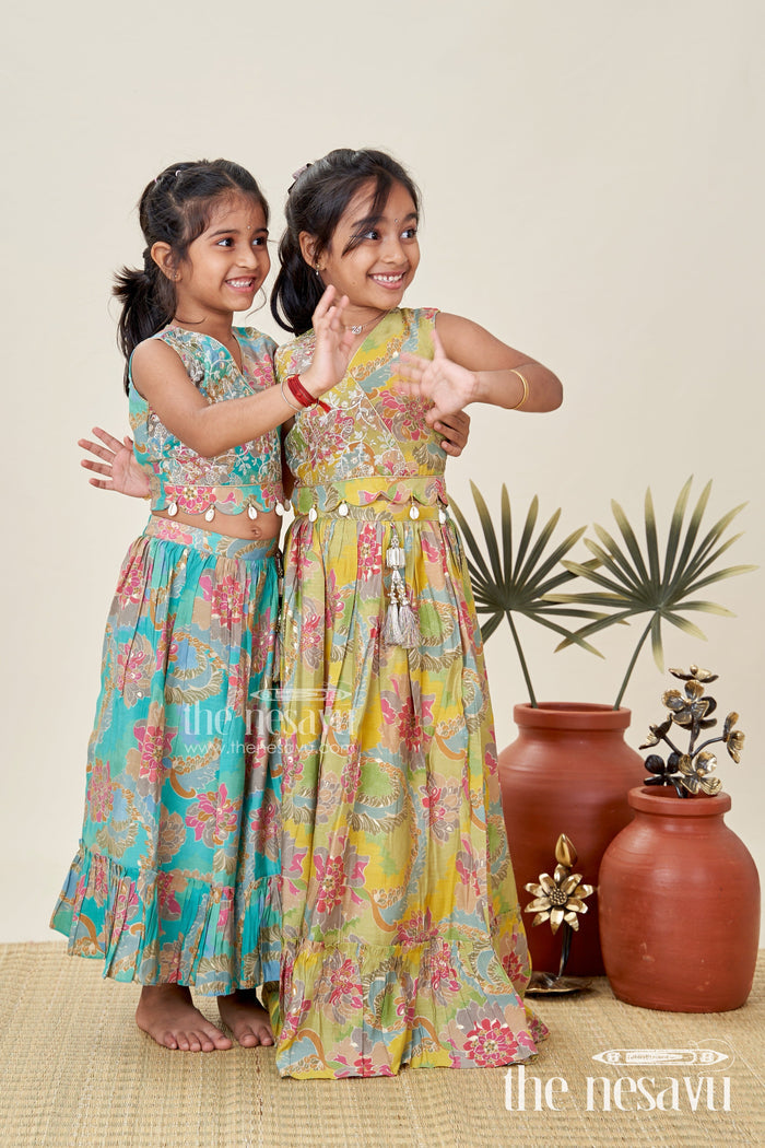 The Nesavu Girls Lehenga Choli Girls Lehenga Choli in Yellow Colour with Muslin Silk Digital Print and Thread Embroidery Yoke Nesavu Nesavu Girls Lehenga Choli Yellow Colour Digital Floral Print Thread Embroidery Yoke