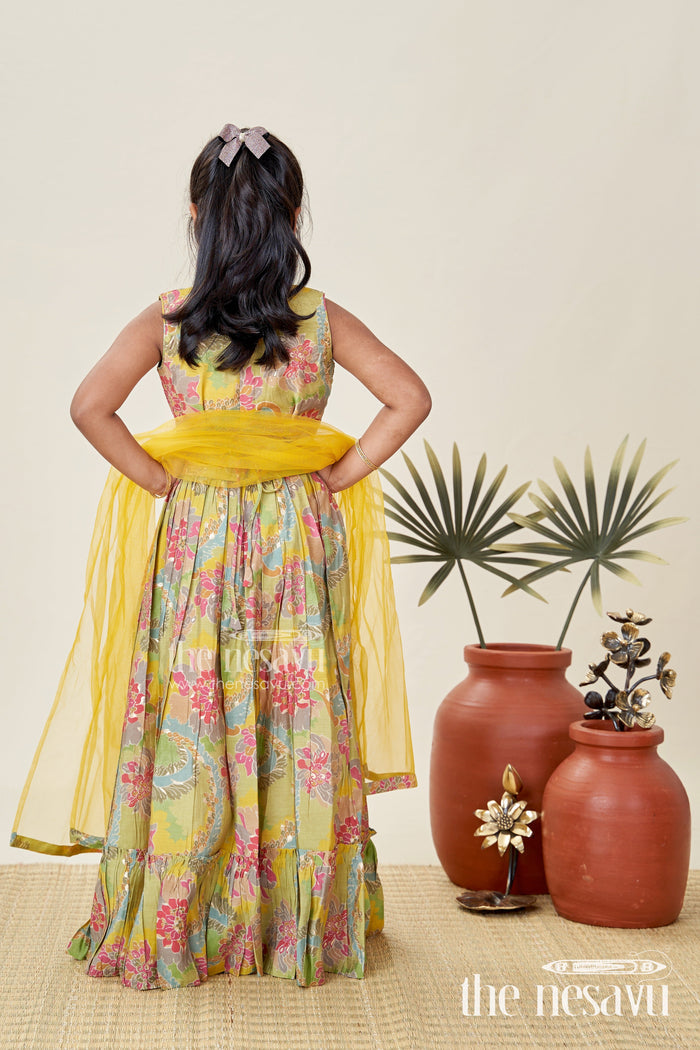The Nesavu Girls Lehenga Choli Girls Lehenga Choli in Yellow Colour with Muslin Silk Digital Print and Thread Embroidery Yoke Nesavu Nesavu Girls Lehenga Choli Yellow Colour Digital Floral Print Thread Embroidery Yoke