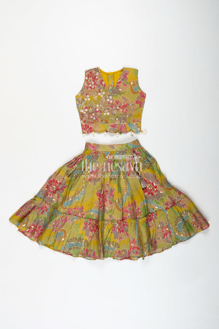 The Nesavu Girls Lehenga Choli Girls Lehenga Choli in Yellow Colour with Muslin Silk Digital Print and Thread Embroidery Yoke Nesavu Nesavu Girls Lehenga Choli Yellow Colour Digital Floral Print Thread Embroidery Yoke