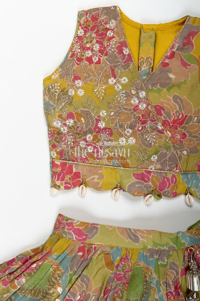 The Nesavu Girls Lehenga Choli Girls Lehenga Choli in Yellow Colour with Muslin Silk Digital Print and Thread Embroidery Yoke Nesavu Nesavu Girls Lehenga Choli Yellow Colour Digital Floral Print Thread Embroidery Yoke