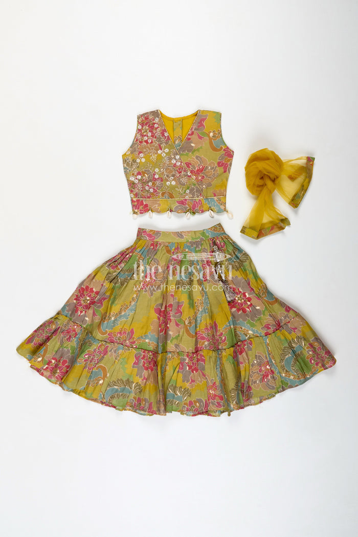 The Nesavu Girls Lehenga Choli Girls Lehenga Choli in Yellow Colour with Muslin Silk Digital Print and Thread Embroidery Yoke Nesavu Nesavu Girls Lehenga Choli Yellow Colour Digital Floral Print Thread Embroidery Yoke