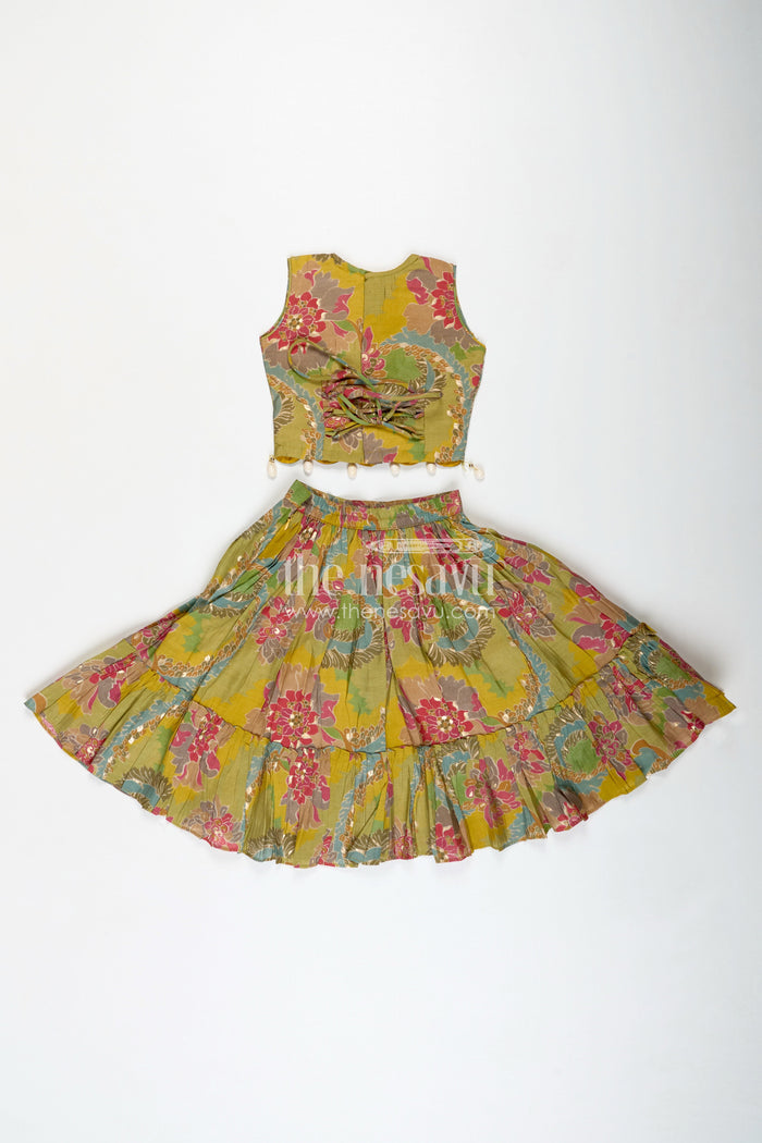The Nesavu Girls Lehenga Choli Girls Lehenga Choli in Yellow Colour with Muslin Silk Digital Print and Thread Embroidery Yoke Nesavu Nesavu Girls Lehenga Choli Yellow Colour Digital Floral Print Thread Embroidery Yoke