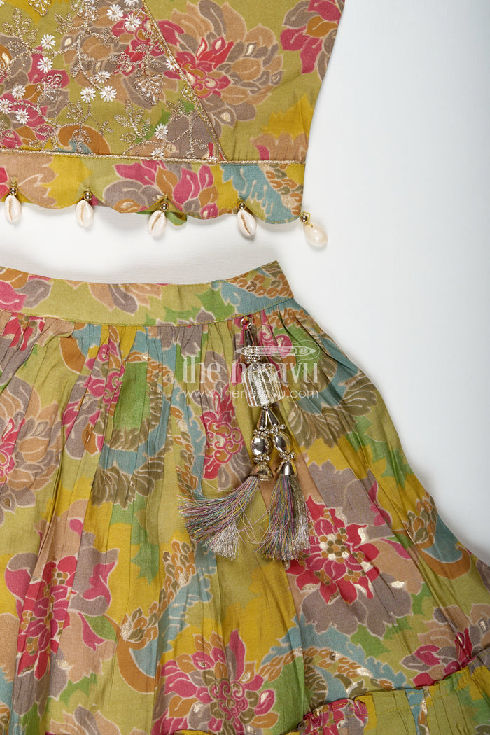 The Nesavu Girls Lehenga Choli Girls Lehenga Choli in Yellow Colour with Muslin Silk Digital Print and Thread Embroidery Yoke Nesavu Nesavu Girls Lehenga Choli Yellow Colour Digital Floral Print Thread Embroidery Yoke