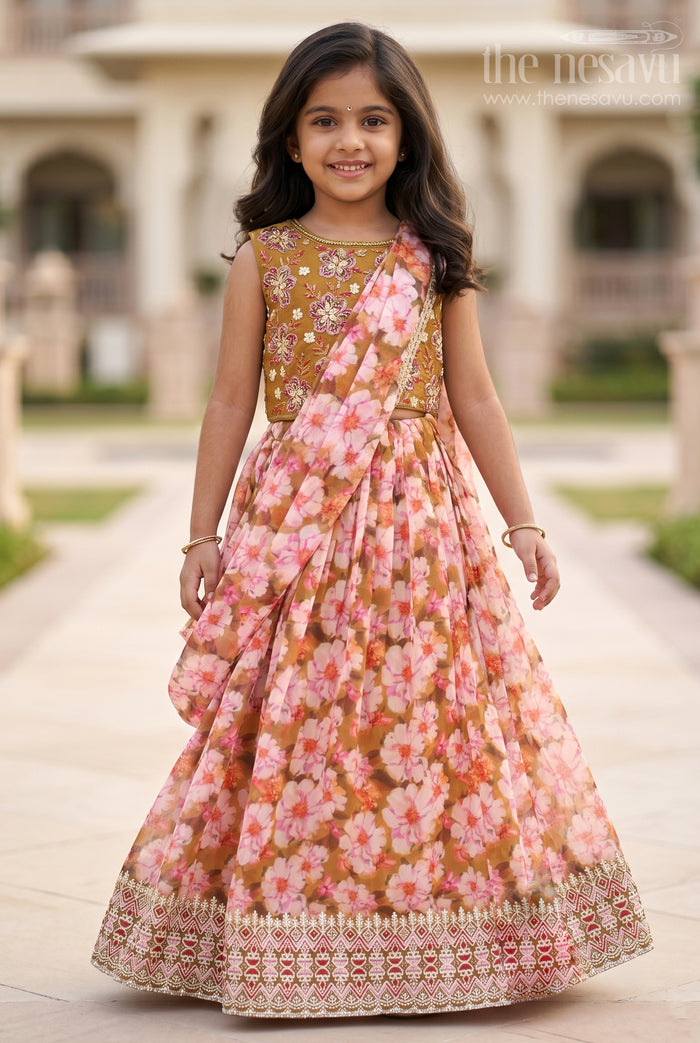 The Nesavu Girls Lehenga Choli Girls Lehenga Choli Organza Printed Multicolor Pongal Lehenga Nesavu 24 (5Y) / Multicolor GL525A-24 Nesavu Girls Multicolor Organza Lehenga Choli Set Mirror Work Diwali Lehenga