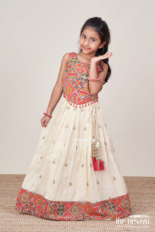 The Nesavu Girls Lehenga Choli Girls Lehenga Choli Set for Weddings and Festive Family Functions Nesavu 24 (5Y) / Orange GL755A-24 Nesavu lehenga choli set girls shimmer embroidery weddings festive occasions