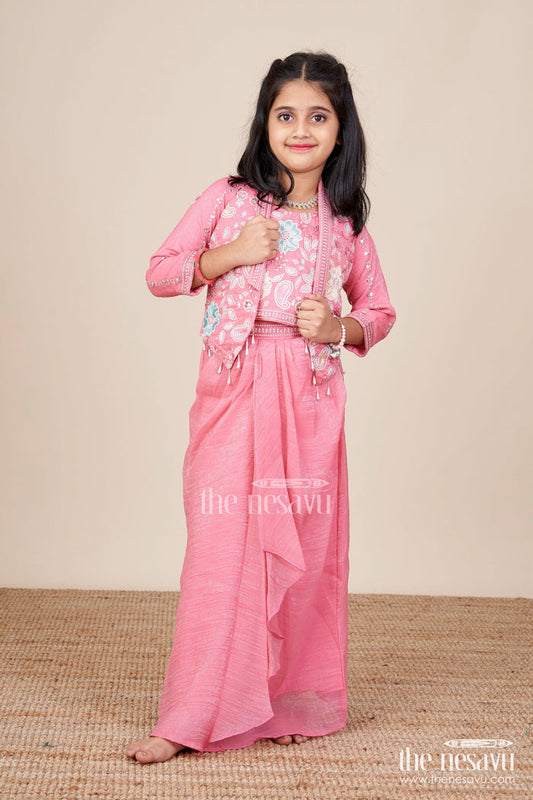 The Nesavu Girls Lehenga Choli Girls Lehenga Choli Set with Embroidered Jacket for Wedding Functions Nesavu 26 (6Y) / Pink GL818A-26 Nesavu girls lehenga choli set embroidered jacket  ideal weddings receptions