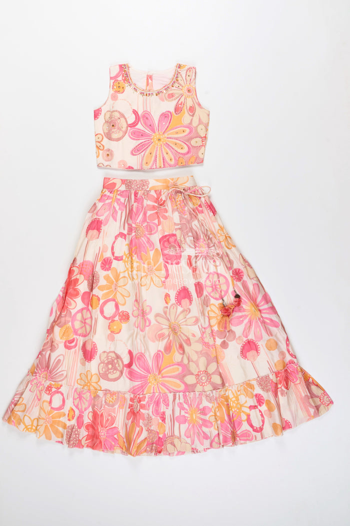 The Nesavu Girls Lehenga Choli Girls lehenga choli set with floral print for birthdays and festive events Nesavu Nesavu girls floral lehenga choli set pink georgette  perfect birthdays festive celebrations