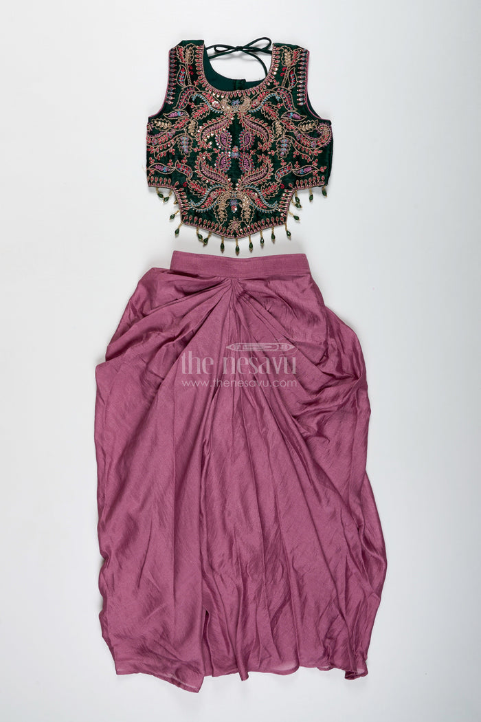 The Nesavu Girls Lehenga Choli Girls Lehenga Choli with Embroidered Blouse and Mocca Skirt Nesavu Nesavu Mauve Lehenga Choli Green Embroidered Blouse Girls