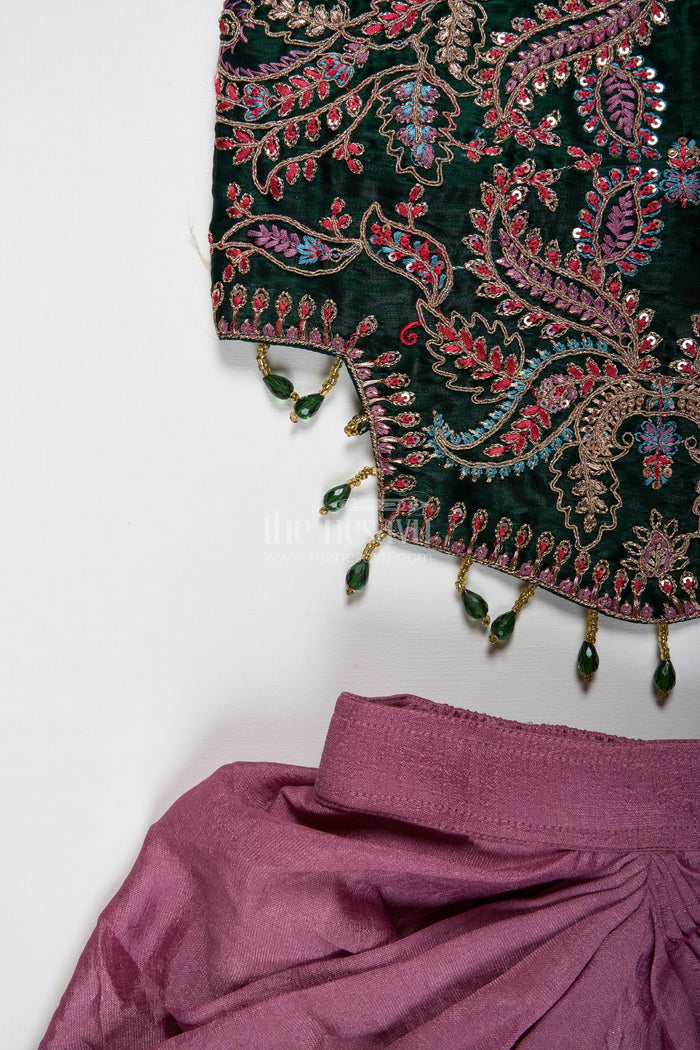 The Nesavu Girls Lehenga Choli Girls Lehenga Choli with Embroidered Blouse and Mocca Skirt Nesavu Nesavu Mauve Lehenga Choli Green Embroidered Blouse Girls