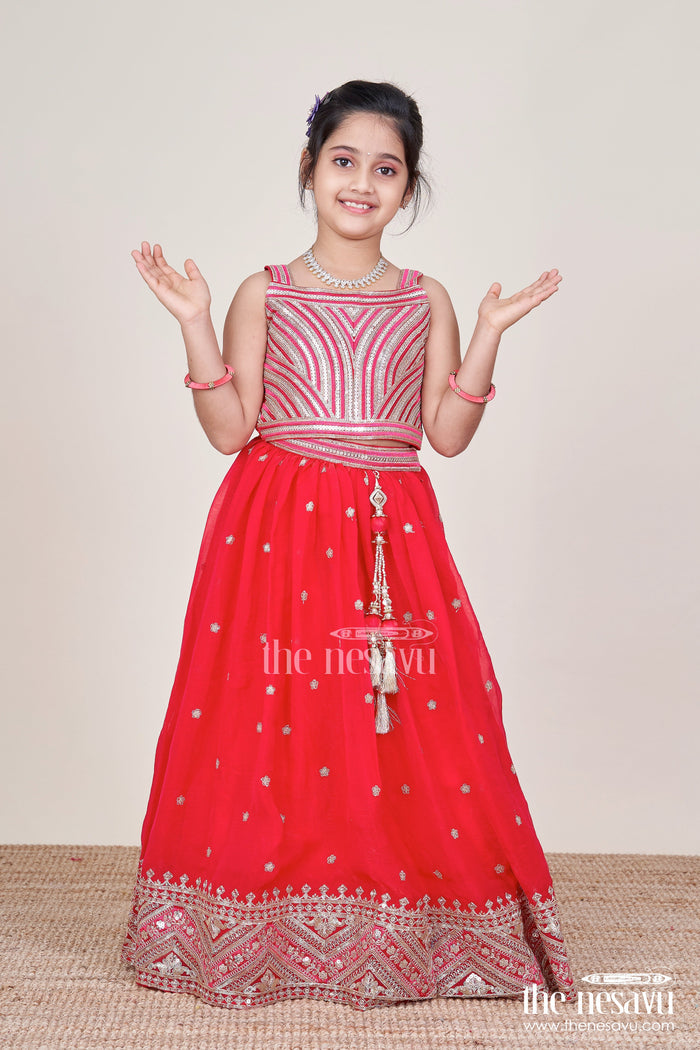 The Nesavu Girls Lehenga Choli Girls Lehenga Choli with Embroidery for Weddings and Sangeet Nights Nesavu 24 (5Y) / Red GL757A-24 Nesavu designer lehenga choli girls organza embroidery ideal weddings celebrations