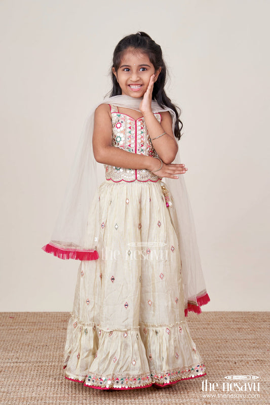 The Nesavu Girls Lehenga Choli Girls Lehenga Choli with Mirror Work and Festive Design Nesavu 14 (6M) / Cream GL831A-14 Nesavu girls lehenga choli mirror work festive design