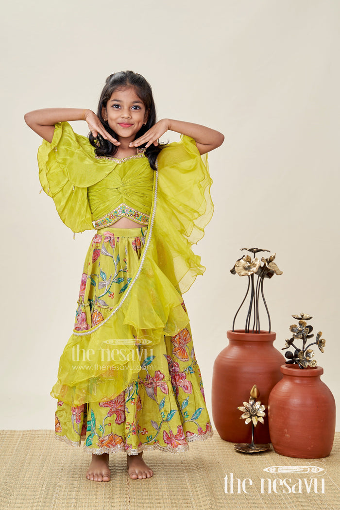 The Nesavu Girls Lehenga Choli Girls Lehenga Choli with Ruffle Sleeve Top for Weddings and Festive Occasions Nesavu 24 (5Y) / Green GL784A-24 Nesavu Green Floral Embroidered Lehenga Choli Girls Ruffle Sleeve Top Festive Charm