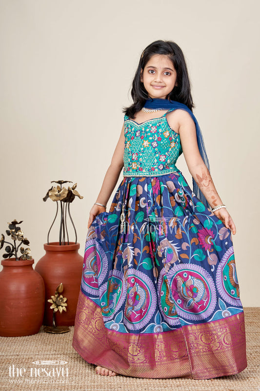 The Nesavu Girls Lehenga Choli Girls lehenga trendy with Semi Silk Printed Skirt and Mirror Embroidered Choli in Peacock Motif Nesavu 18 (2Y) / Blue GL652A-18 Nesavu Girls Peacock Print Lehenga Semi Silk Mirror Work Blouse lehenga trendy Style