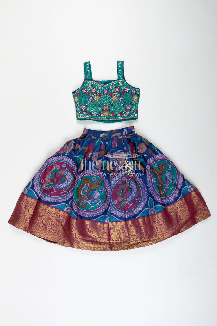 The Nesavu Girls Lehenga Choli Girls Lehenga Trendy with Semi Silk Printed Skirt and Mirror Embroidered Choli in Peacock Motif Nesavu Nesavu Girls Peacock Print Lehenga Semi Silk Mirror Work Blouse lehenga trendy Style