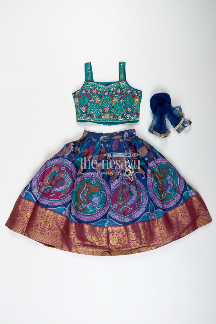 The Nesavu Girls Lehenga Choli Girls Lehenga Trendy with Semi Silk Printed Skirt and Mirror Embroidered Choli in Peacock Motif Nesavu Nesavu Girls Peacock Print Lehenga Semi Silk Mirror Work Blouse lehenga trendy Style
