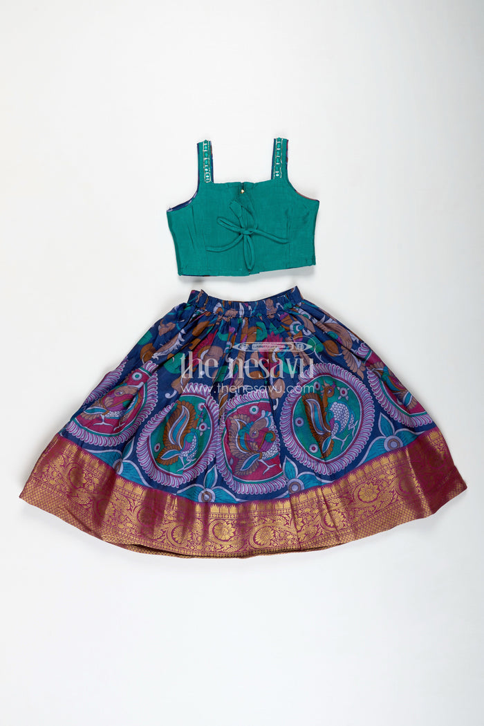 The Nesavu Girls Lehenga Choli Girls Lehenga Trendy with Semi Silk Printed Skirt and Mirror Embroidered Choli in Peacock Motif Nesavu Nesavu Girls Peacock Print Lehenga Semi Silk Mirror Work Blouse lehenga trendy Style