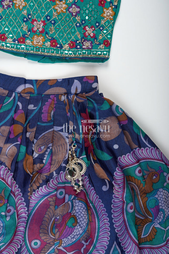 The Nesavu Girls Lehenga Choli Girls Lehenga Trendy with Semi Silk Printed Skirt and Mirror Embroidered Choli in Peacock Motif Nesavu Nesavu Girls Peacock Print Lehenga Semi Silk Mirror Work Blouse lehenga trendy Style