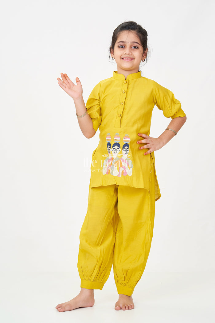 The Nesavu Girls Sharara / Plazo Set Girls lemon yellow sharara Set in Modal Silk with Artistic Embroidery and Statement Kurti Design Nesavu 24 (5Y) / Yellow GPS604A-24 Nesavu Girls lemon yellow sharara Set Modal Silk Artistic Embroidery Modern Ethnic Style