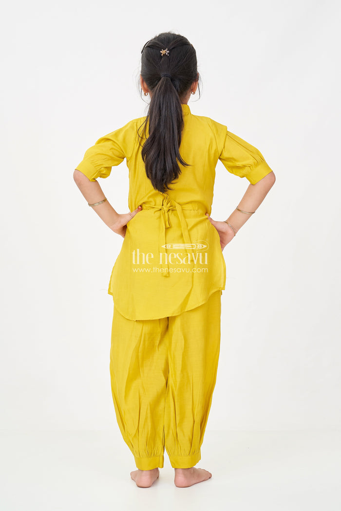 The Nesavu Girls Sharara / Plazo Set Girls lemon yellow sharara Set in Modal Silk with Artistic Embroidery and Statement Kurti Design Nesavu Nesavu Girls lemon yellow sharara Set Modal Silk Artistic Embroidery Modern Ethnic Style