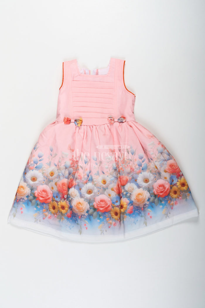 The Nesavu Girls Cotton Frock Girls Light Pink Frock in Cotton Blend with Pleated Bodice and Floral Digital Print Nesavu 20 (3Y) / Pink GFC1656B-20 Girls Light Pink Frock Cotton Blend Pleated Bodice Floral Digital Print | The Nesavu