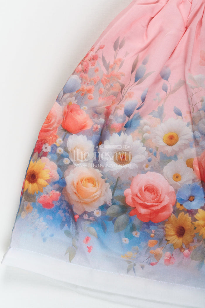 The Nesavu Girls Cotton Frock Girls Light Pink Frock in Cotton Blend with Pleated Bodice and Floral Digital Print Nesavu Girls Light Pink Frock Cotton Blend Pleated Bodice Floral Digital Print | The Nesavu