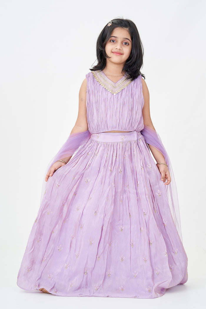 The Nesavu Girls Lehenga Choli Girls Light Purple Lehenga in Viscose Tissue with Thread Embroidery and Pleated Flared Skirt Nesavu 16 (1Y) / Purple GL644A-16 Girls Light Purple Lehenga Set Thread Embroidered Flared Skirt Viscose Tissue Fabric | The Nesavu