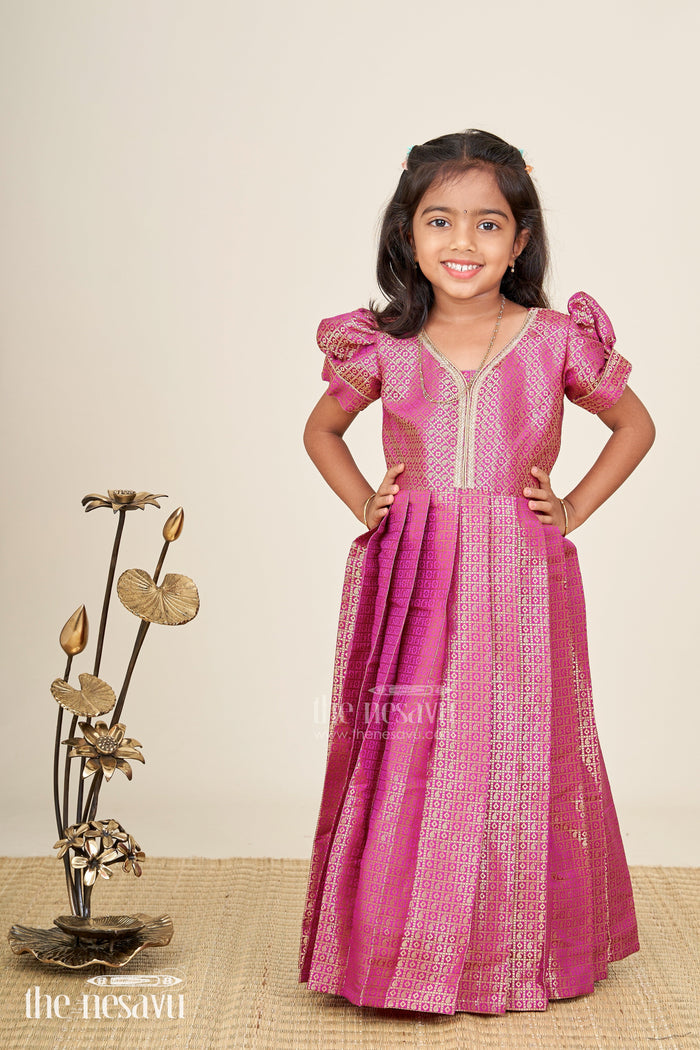 The Nesavu Girls Silk Gown Girls Long Anarkali Dress in Semi Banaras Silk with Royal Maroon Zari Weave and Grand Pleated Skirt Nesavu Nesavu Girls Long Anarkali Dress Maroon Semi Banaras Silk Gold Zari Flared Pleated Hem