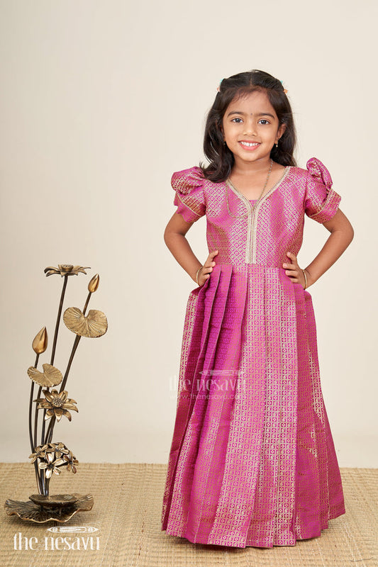 The Nesavu Girls Silk Gown Girls Long Anarkali Dress in Semi Banaras Silk with Royal Maroon Zari Weave and Grand Pleated Skirt Nesavu Nesavu Girls Long Anarkali Dress Maroon Semi Banaras Silk Gold Zari Flared Pleated Hem
