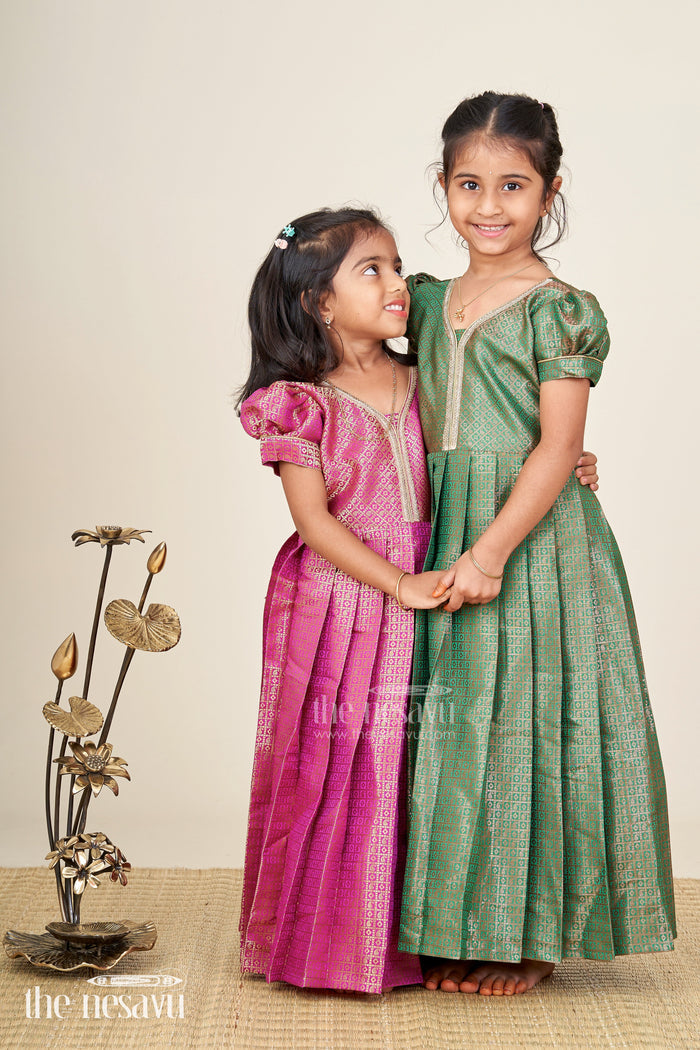 The Nesavu Girls Silk Gown Girls Long Anarkali Dress in Semi Banaras Silk with Royal Maroon Zari Weave and Grand Pleated Skirt Nesavu Nesavu Girls Long Anarkali Dress Maroon Semi Banaras Silk Gold Zari Flared Pleated Hem