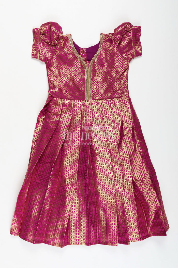 The Nesavu Girls Silk Gown Girls Long Anarkali Dress in Semi Banaras Silk with Royal Maroon Zari Weave and Grand Pleated Skirt Nesavu Nesavu Girls Long Anarkali Dress Maroon Semi Banaras Silk Gold Zari Flared Pleated Hem