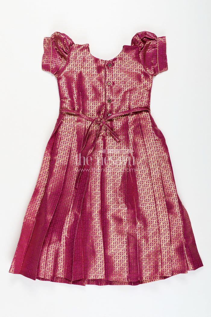 The Nesavu Girls Silk Gown Girls Long Anarkali Dress in Semi Banaras Silk with Royal Maroon Zari Weave and Grand Pleated Skirt Nesavu Nesavu Girls Long Anarkali Dress Maroon Semi Banaras Silk Gold Zari Flared Pleated Hem
