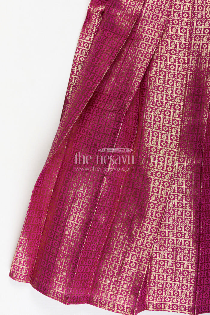 The Nesavu Girls Silk Gown Girls Long Anarkali Dress in Semi Banaras Silk with Royal Maroon Zari Weave and Grand Pleated Skirt Nesavu Nesavu Girls Long Anarkali Dress Maroon Semi Banaras Silk Gold Zari Flared Pleated Hem