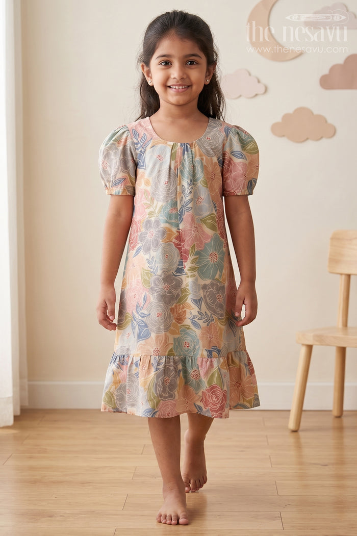The Nesavu Girls Fancy Frock Girls Long Frock Models Latest in Moadal Silk with Bold Floral Print and Flowy Ruffle Hem Nesavu 18 (2Y) / Green GFC1758B-18 Nesavu Girls Long Frock Models Latest Moadal Silk Floral Digital Print Ruffle Hem