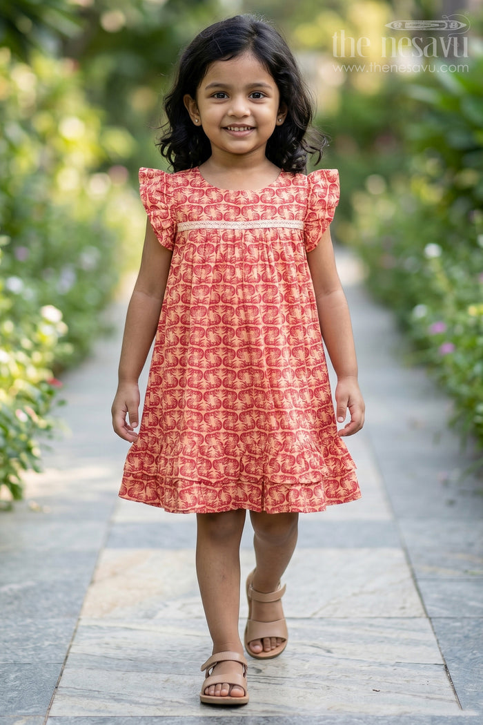 The Nesavu Girls Cotton Frock Girls Long Frocks for Birthday Party in Cotton with Animal Digital Print and Ruffle Trim Sleeves Nesavu 18 (2Y) / Orange GFC1763A-18 Nesavu Girls Long Frocks Birthday Party Cotton Animal Digital Print Ruffle Sleeves