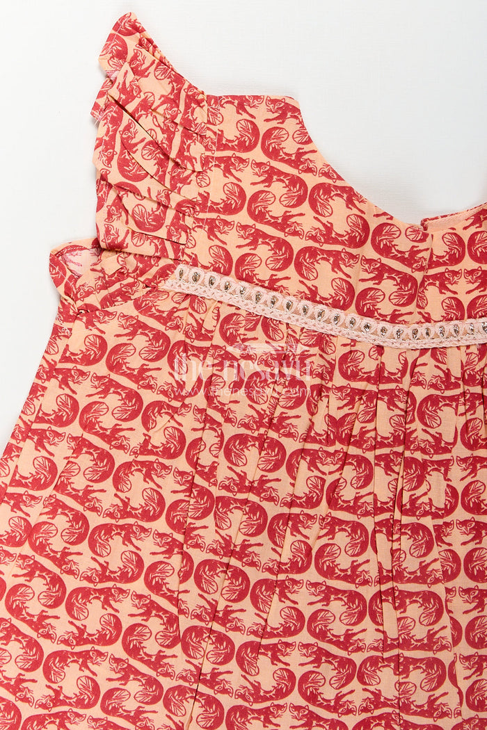 The Nesavu Girls Cotton Frock Girls Long Frocks for Birthday Party in Cotton with Animal Digital Print and Ruffle Trim Sleeves Nesavu Nesavu Girls Long Frocks Birthday Party Cotton Animal Digital Print Ruffle Sleeves