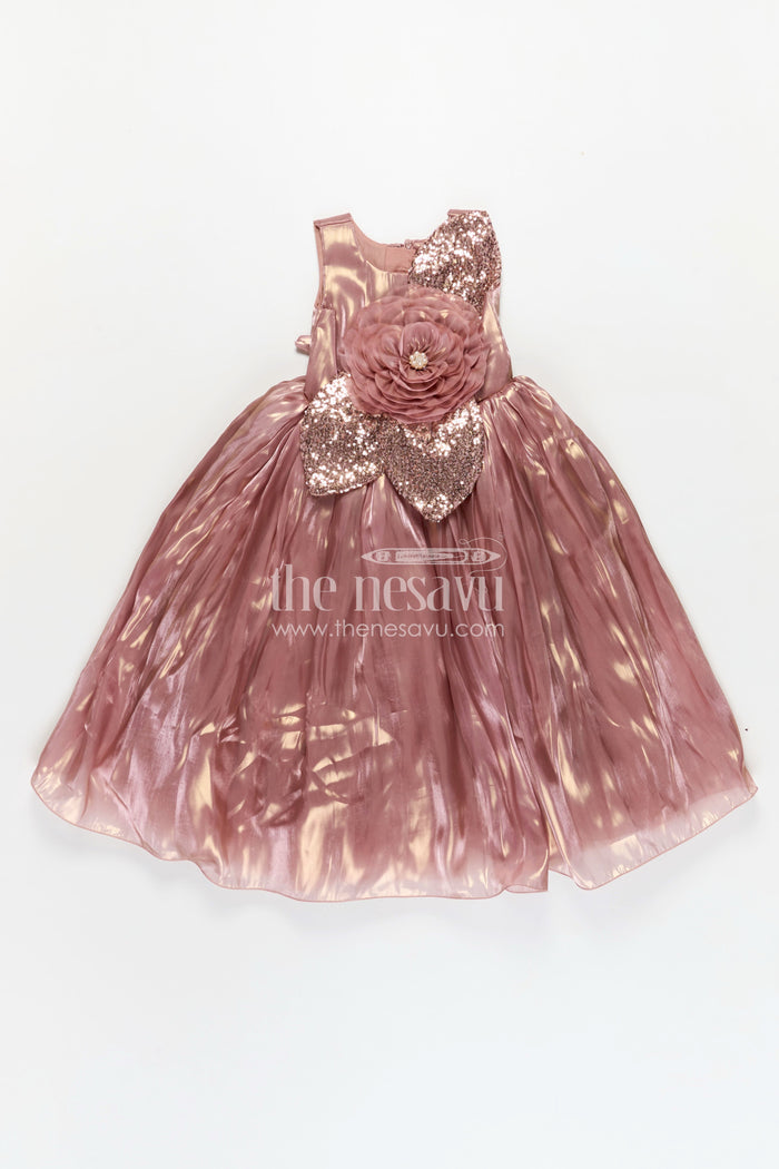 The Nesavu Girls Fancy Party Frock Girls Long Organza Gown with Sequins and Floral Motif long frock for reception in Glossy Bronze Nesavu Nesavu Girls Long Bronze Gown Organza Sequin Detail long frock reception Style