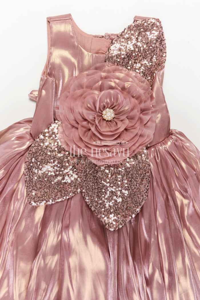 The Nesavu Girls Fancy Party Frock Girls Long Organza Gown with Sequins and Floral Motif long frock for reception in Glossy Bronze Nesavu Nesavu Girls Long Bronze Gown Organza Sequin Detail long frock reception Style