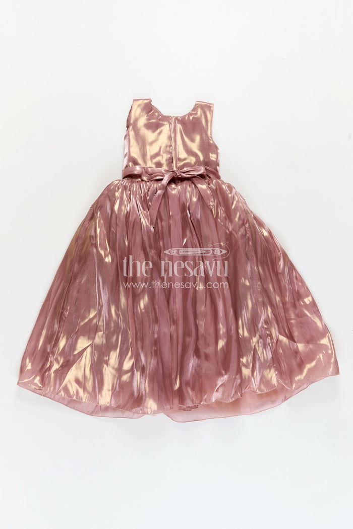 The Nesavu Girls Fancy Party Frock Girls Long Organza Gown with Sequins and Floral Motif long frock for reception in Glossy Bronze Nesavu Nesavu Girls Long Bronze Gown Organza Sequin Detail long frock reception Style