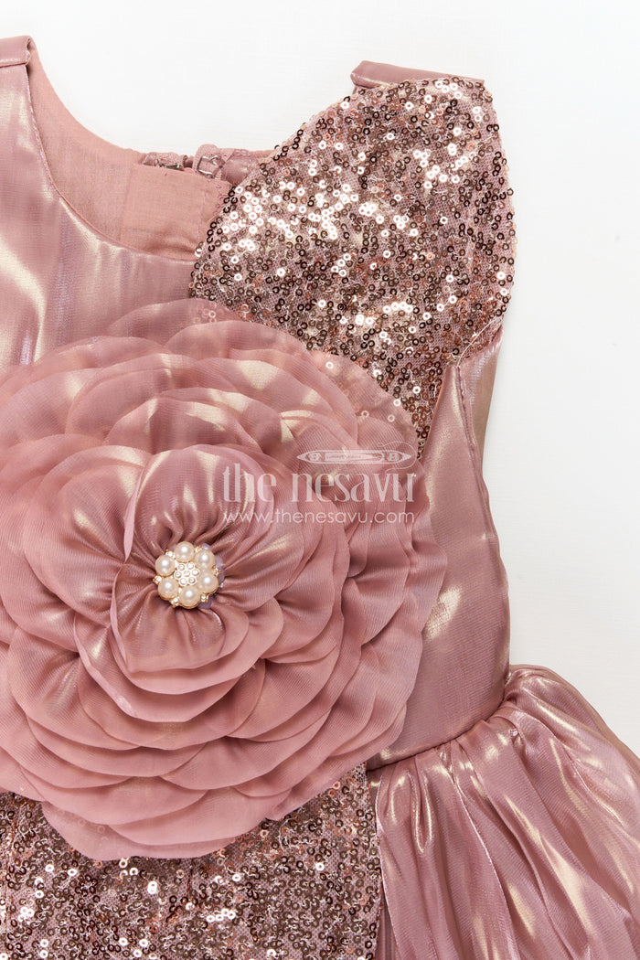 The Nesavu Girls Fancy Party Frock Girls Long Organza Gown with Sequins and Floral Motif long frock for reception in Glossy Bronze Nesavu Nesavu Girls Long Bronze Gown Organza Sequin Detail long frock reception Style