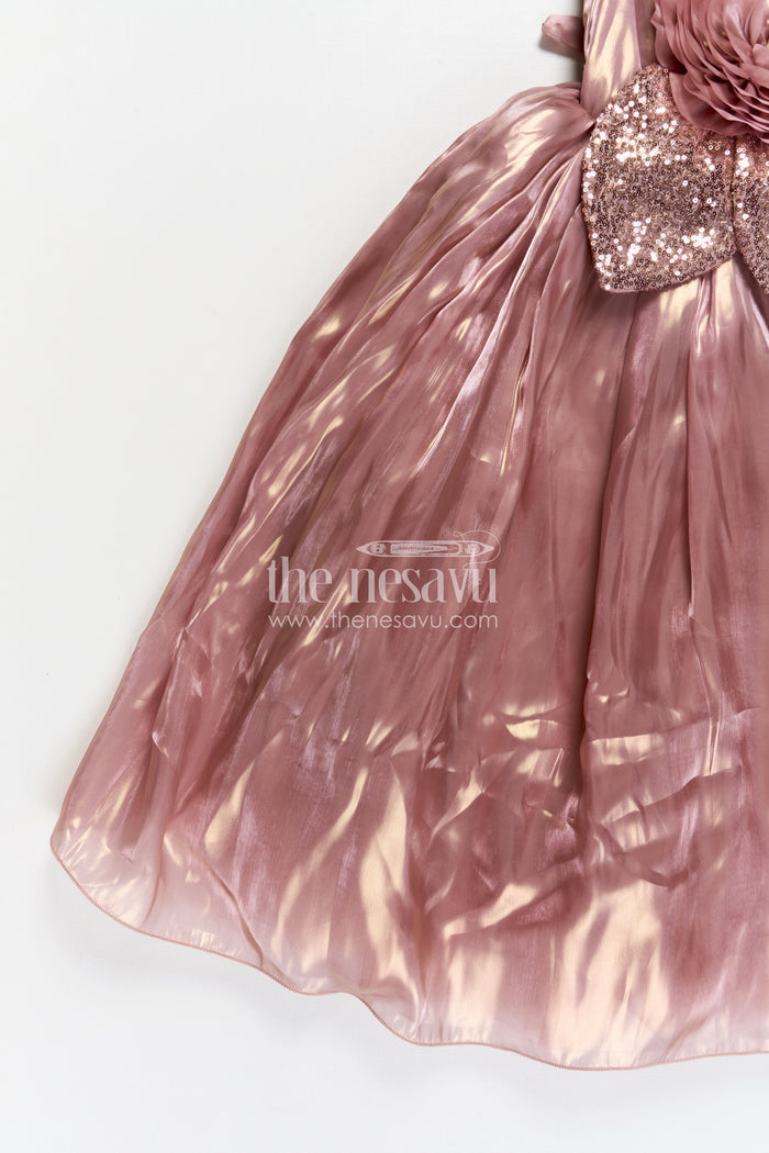 The Nesavu Girls Fancy Party Frock Girls Long Organza Gown with Sequins and Floral Motif long frock for reception in Glossy Bronze Nesavu Nesavu Girls Long Bronze Gown Organza Sequin Detail long frock reception Style