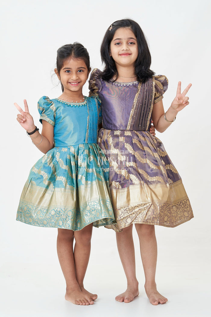 The Nesavu Silk Frock Girls Long Pattu Frocks in Blue Organza Silk Banarasi with Zari Big Border and Puff Sleeves Nesavu Nesavu Girls Long Pattu Frocks Organza Silk Banarasi Zari Big Border Puff Sleeves